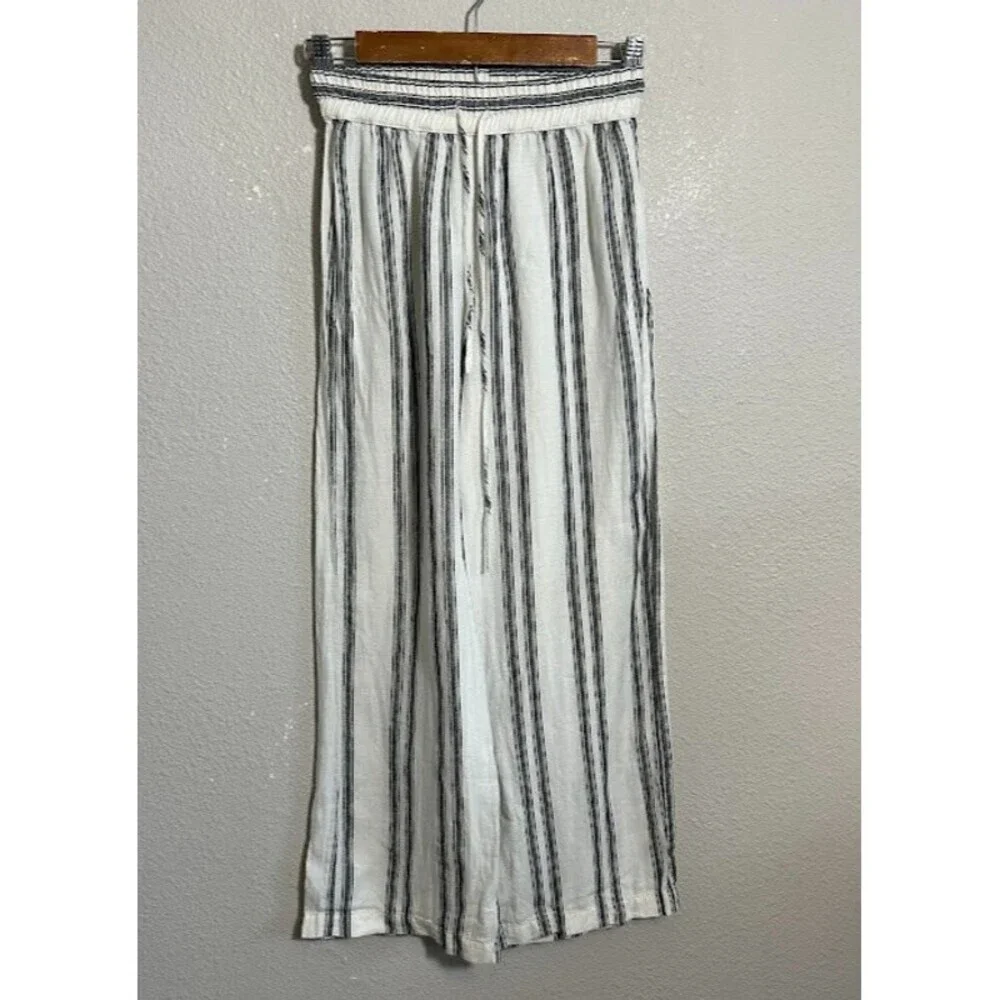 Reformation Crop Wide Leg Linen Pant XS Black White Striped Drawstring High Rise
